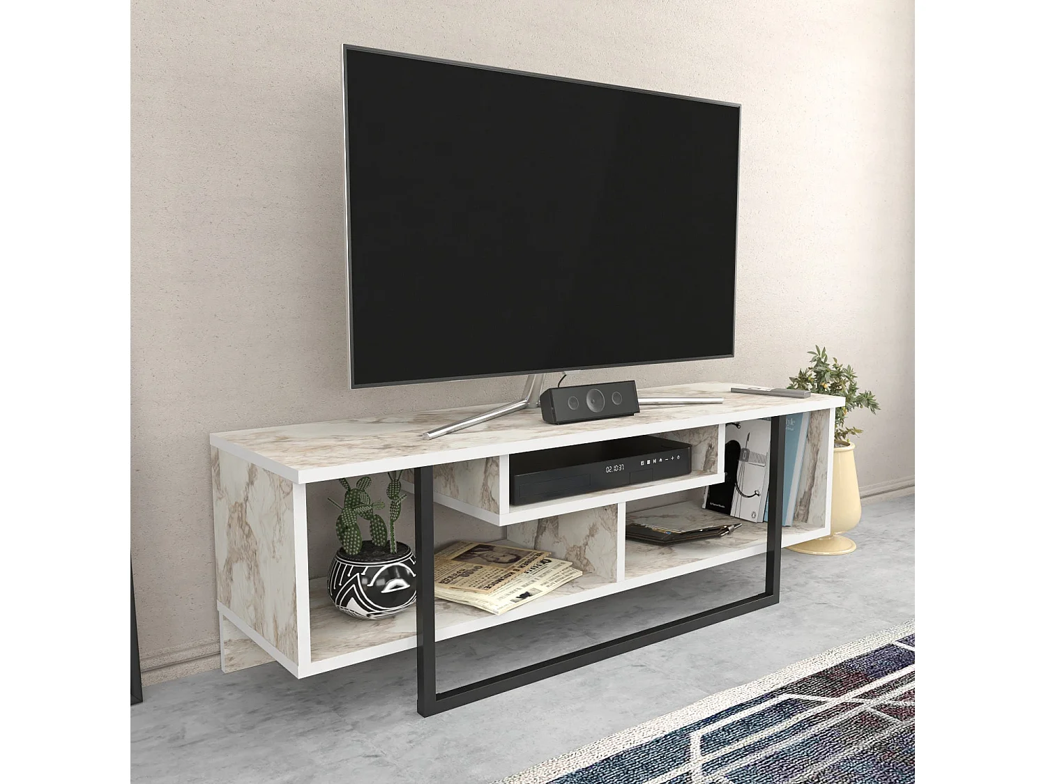 Meuble TV Nikolai 120cm Noir et Blanc Effet marbre