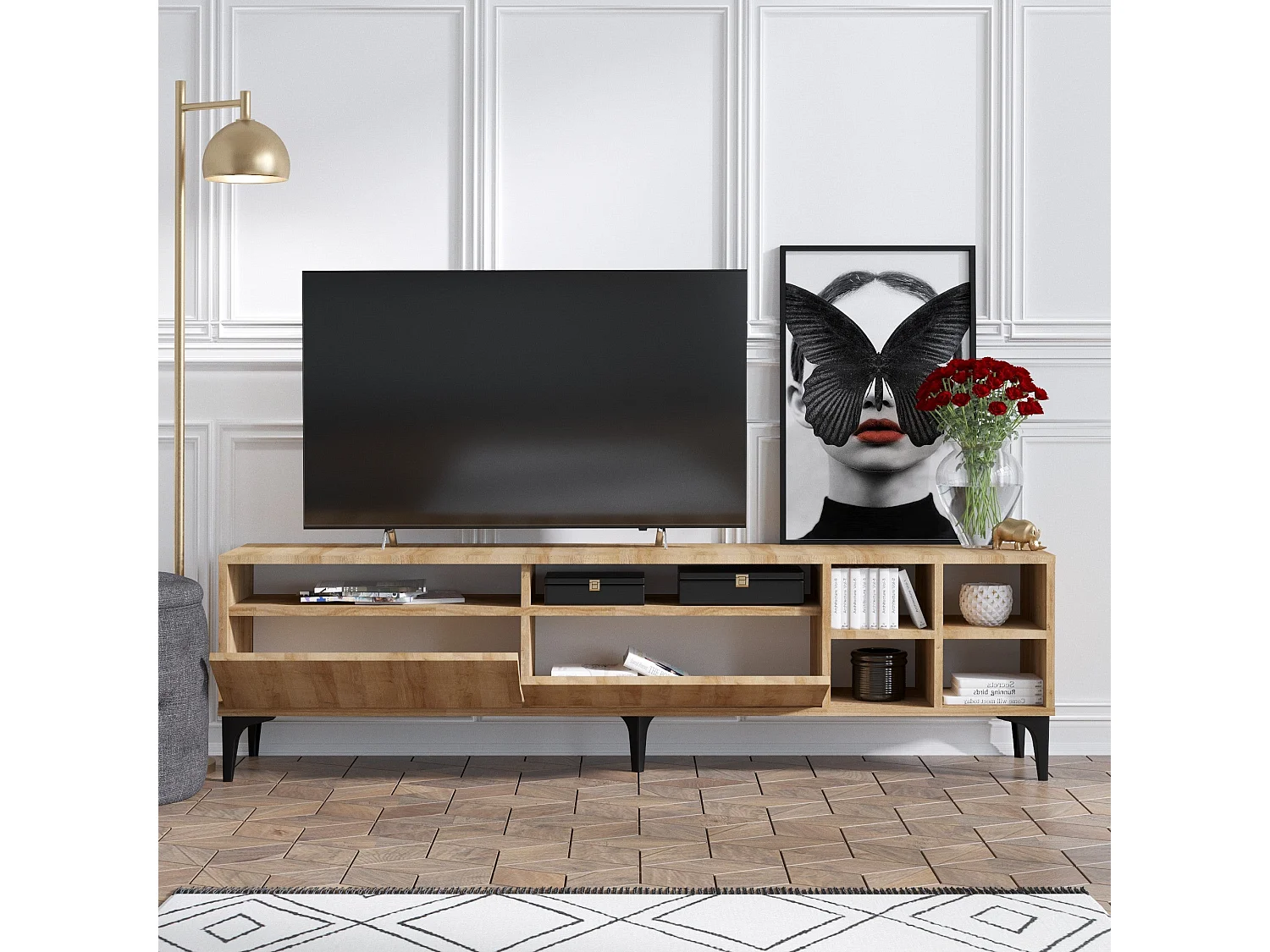 Mesa de tv Kailua 1019, De color marrón claro, 180x52x35cm