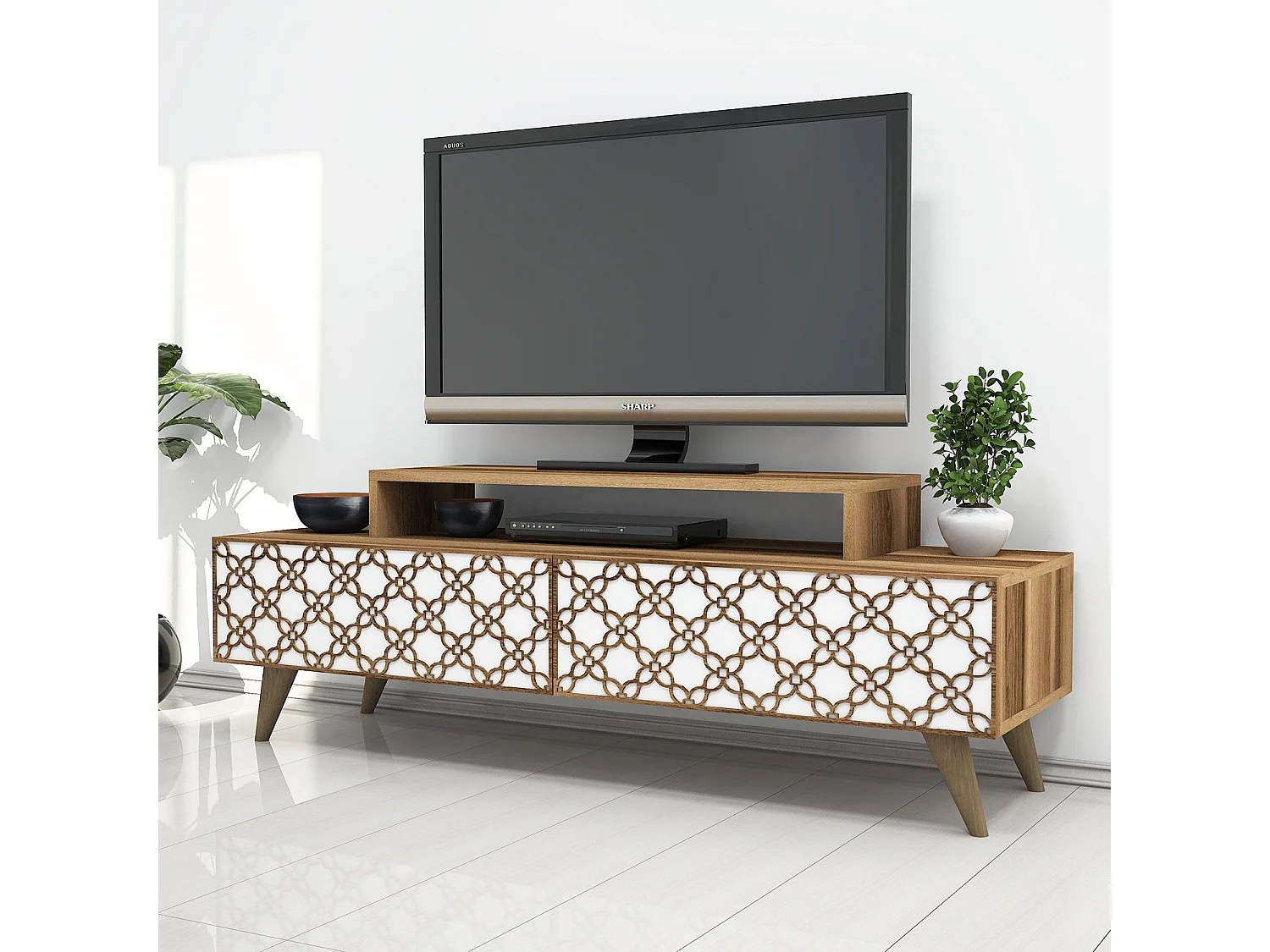 Mesa de tv Kailua 160, Nuez|Blanco, Número de puertas: 2.00, 140x49x42cm