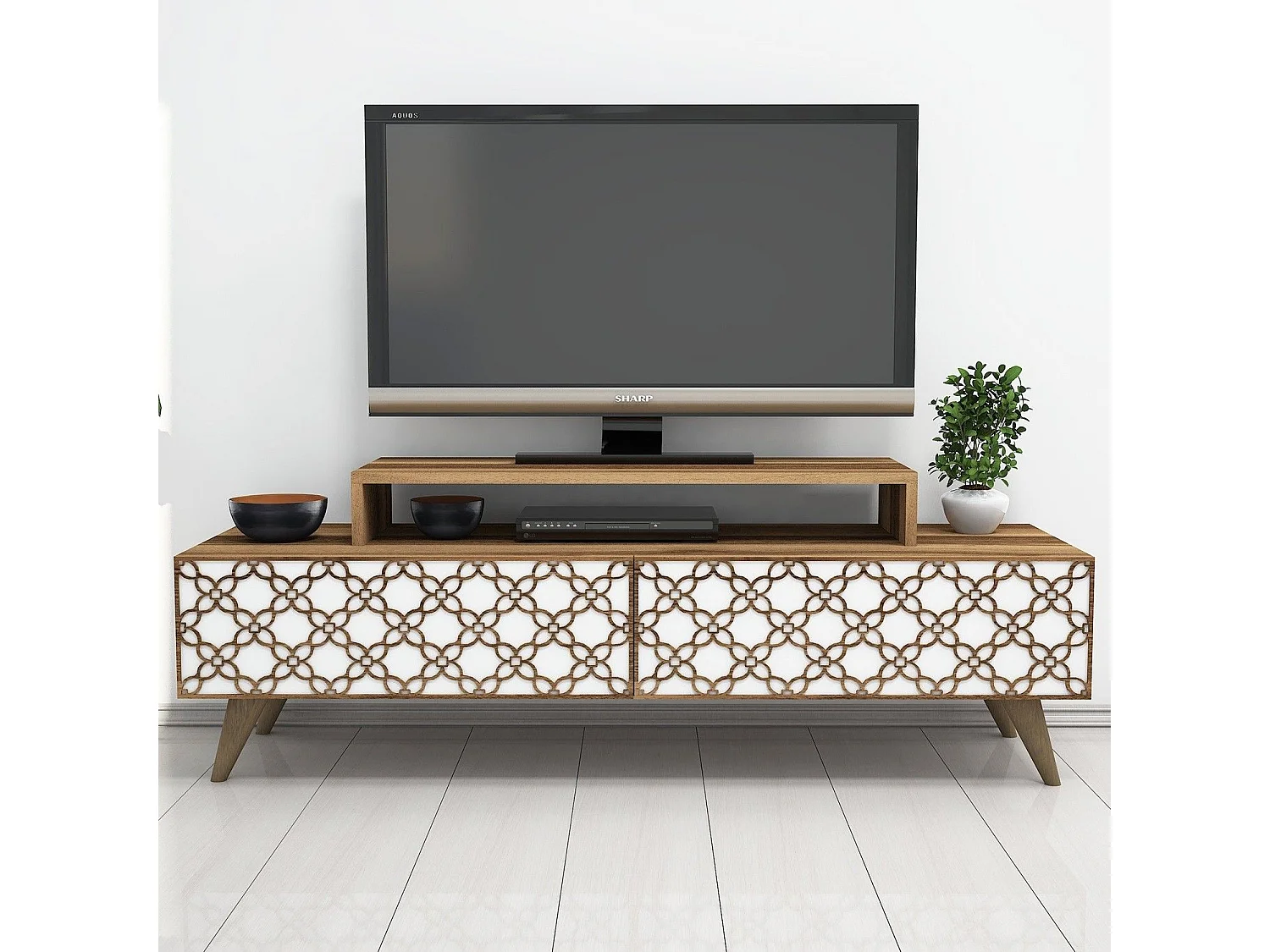 Mesa de tv Kailua 160, Nuez|Blanco, Número de puertas: 2.00, 140x49x42cm