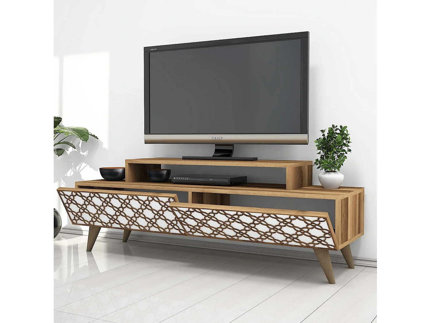 Mesa de tv Kailua 160, Nuez|Blanco, Número de puertas: 2.00, 140x49x42cm