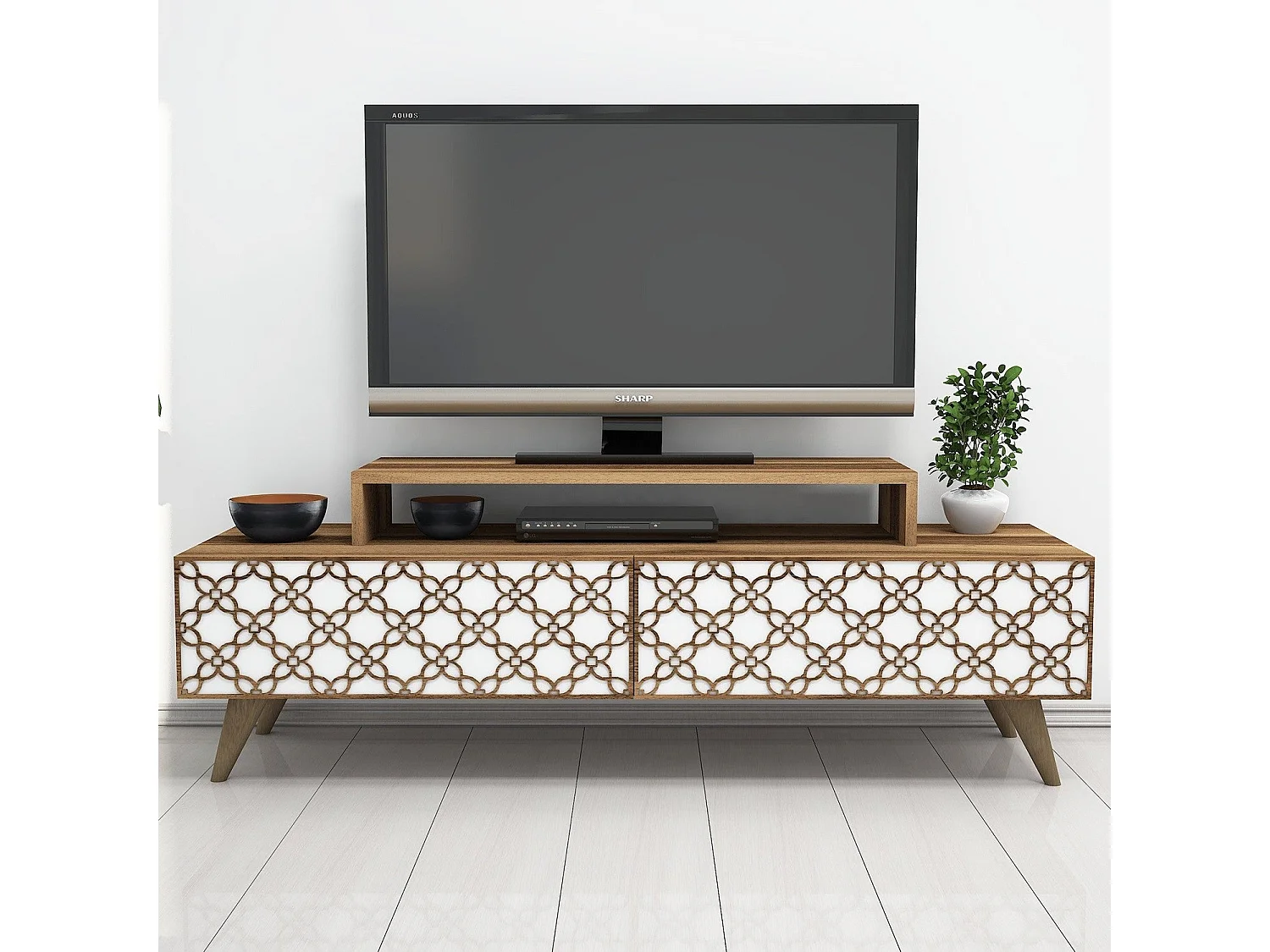 Mesa de tv Kailua 160, Nuez|Blanco, Número de puertas: 2.00, 140x49x42cm