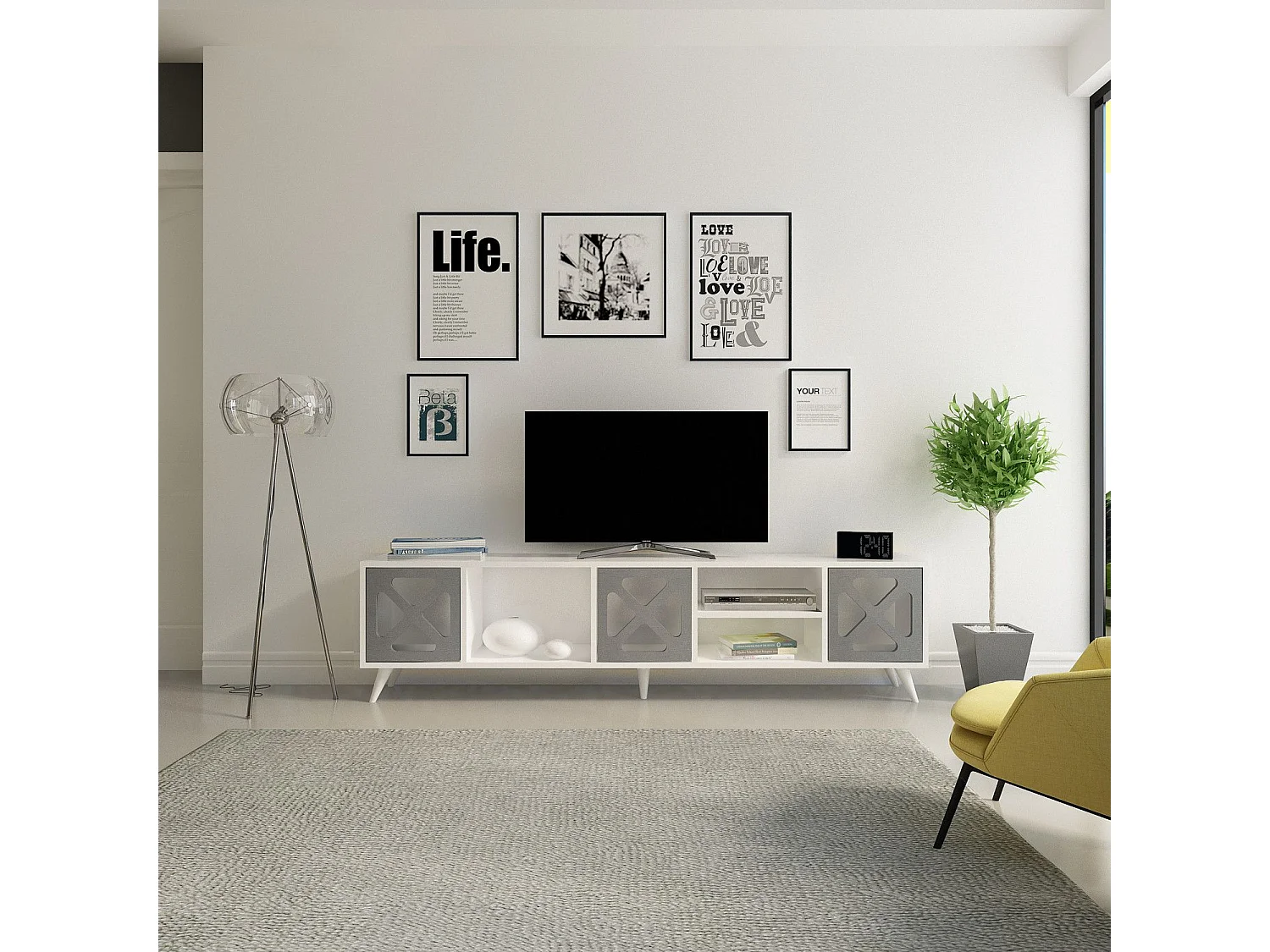 Moderne tv-standaard met wandmontagemogelijkheid, wit en antraciet, 180 cm x 45,7 cm x 29,5 cm | 100% melamine gecoat, 18 mm dik, elegant en functioneel design
