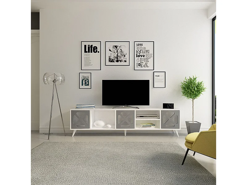 Moderne tv-standaard met wandmontagemogelijkheid, wit en antraciet, 180 cm x 45,7 cm x 29,5 cm | 100% melamine gecoat, 18 mm dik, elegant en functioneel design