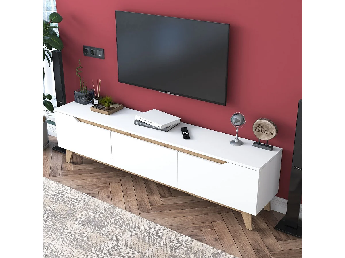 Biały nowoczesny mebel RTV 180 cm z 3 składanymi drzwiami i schowkami FSC z drewna z recyklingu