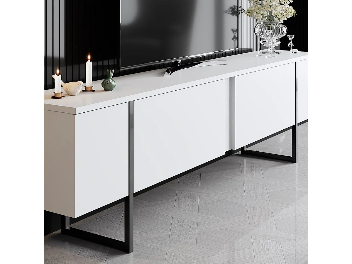 Modern TV Stand with 2 Foldable Doors - 180 cm - White/Black - Melamine