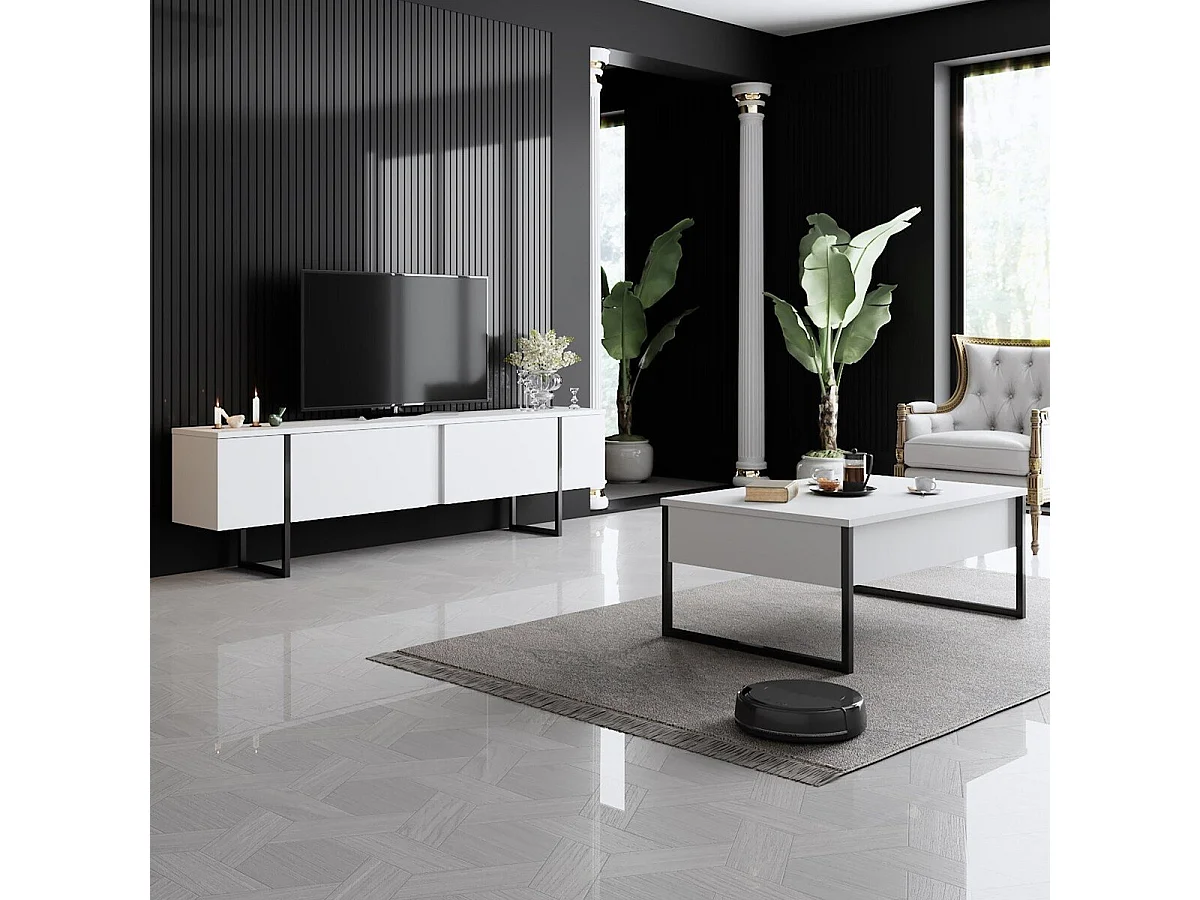 Modern TV Stand with 2 Foldable Doors - 180 cm - White/Black - Melamine