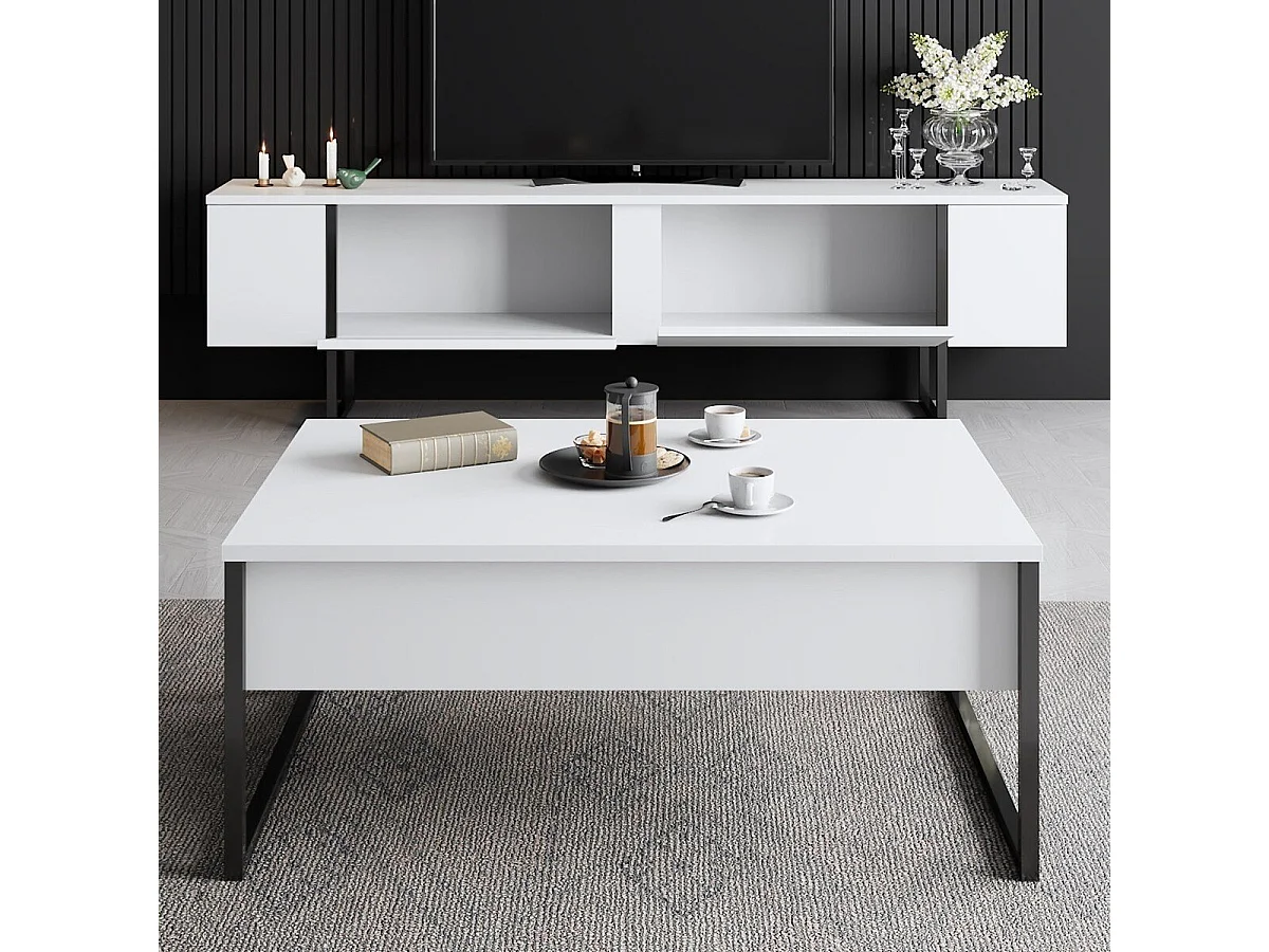 Modern TV Stand with 2 Foldable Doors - 180 cm - White/Black - Melamine