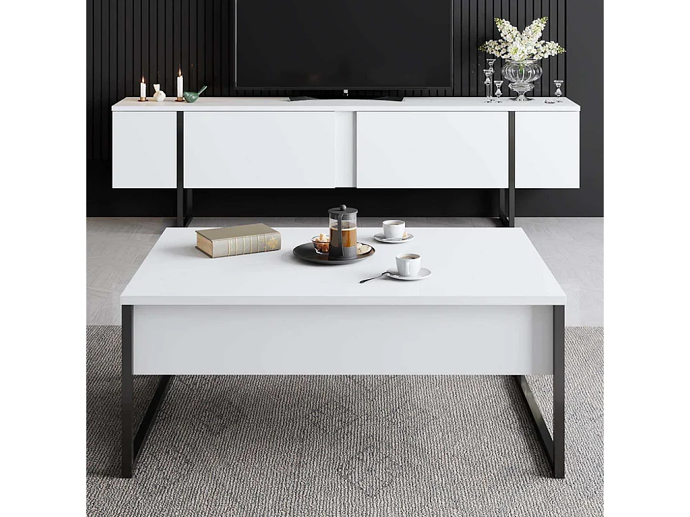 Modern TV Stand with 2 Foldable Doors - 180 cm - White/Black - Melamine