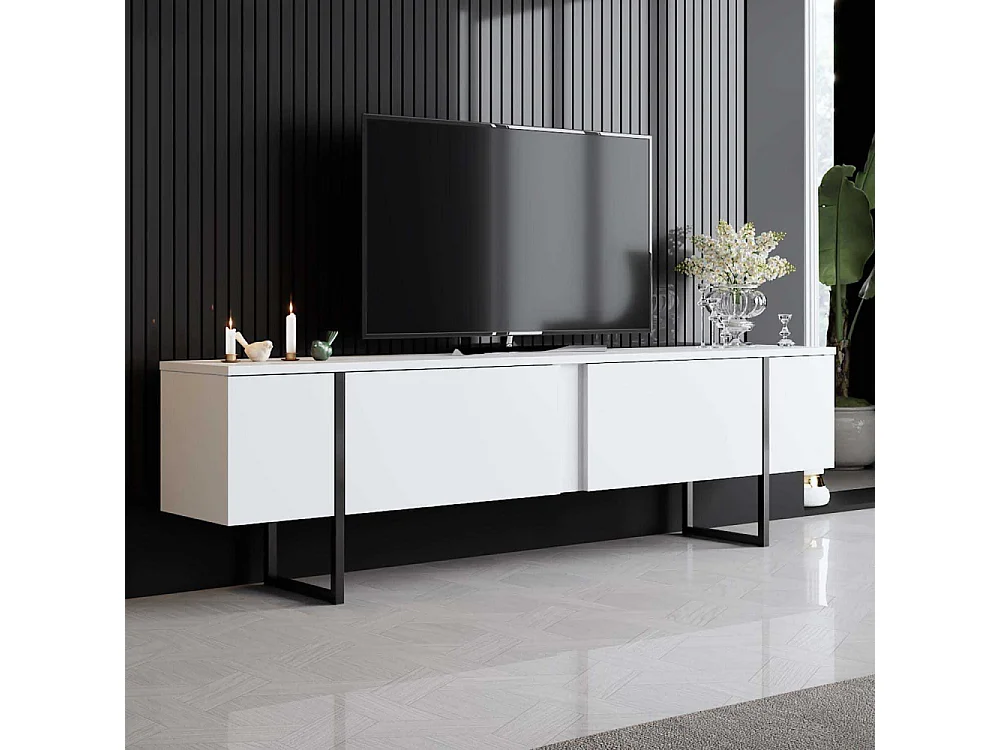 Modern TV Stand with 2 Foldable Doors - 180 cm - White/Black - Melamine