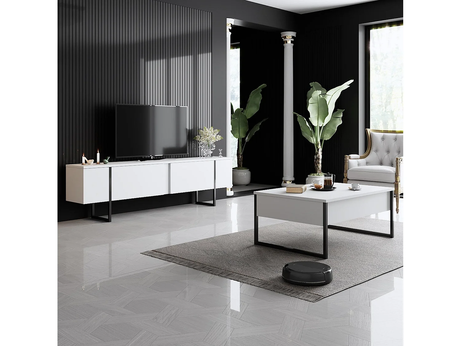 Modern TV Stand with 2 Foldable Doors - 180 cm - White/Black - Melamine