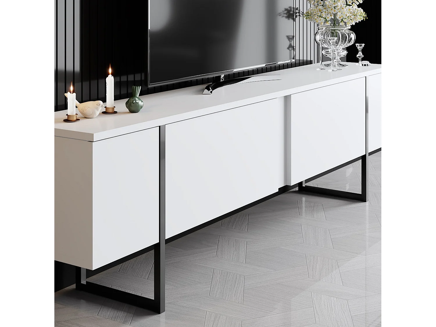 Modern TV Stand with 2 Foldable Doors - 180 cm - White/Black - Melamine