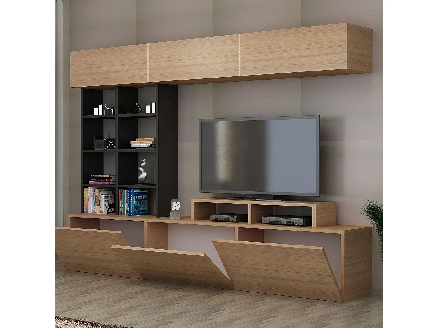 Móvel de TV moderno – 180 cm de largura – Teca e Preto – MDF revestido em melamina