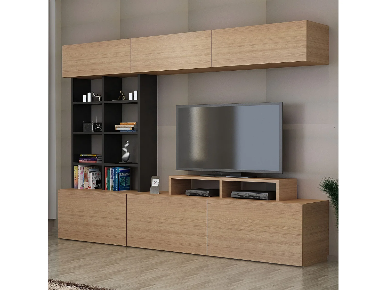 Mobile porta TV moderno – larghezza 180 cm – Teak e Nero – MDF rivestito in melaminico
