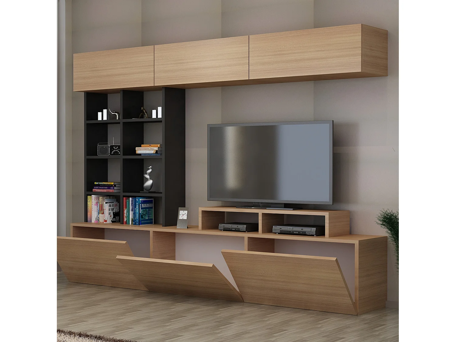 Mobile porta TV moderno – larghezza 180 cm – Teak e Nero – MDF rivestito in melaminico