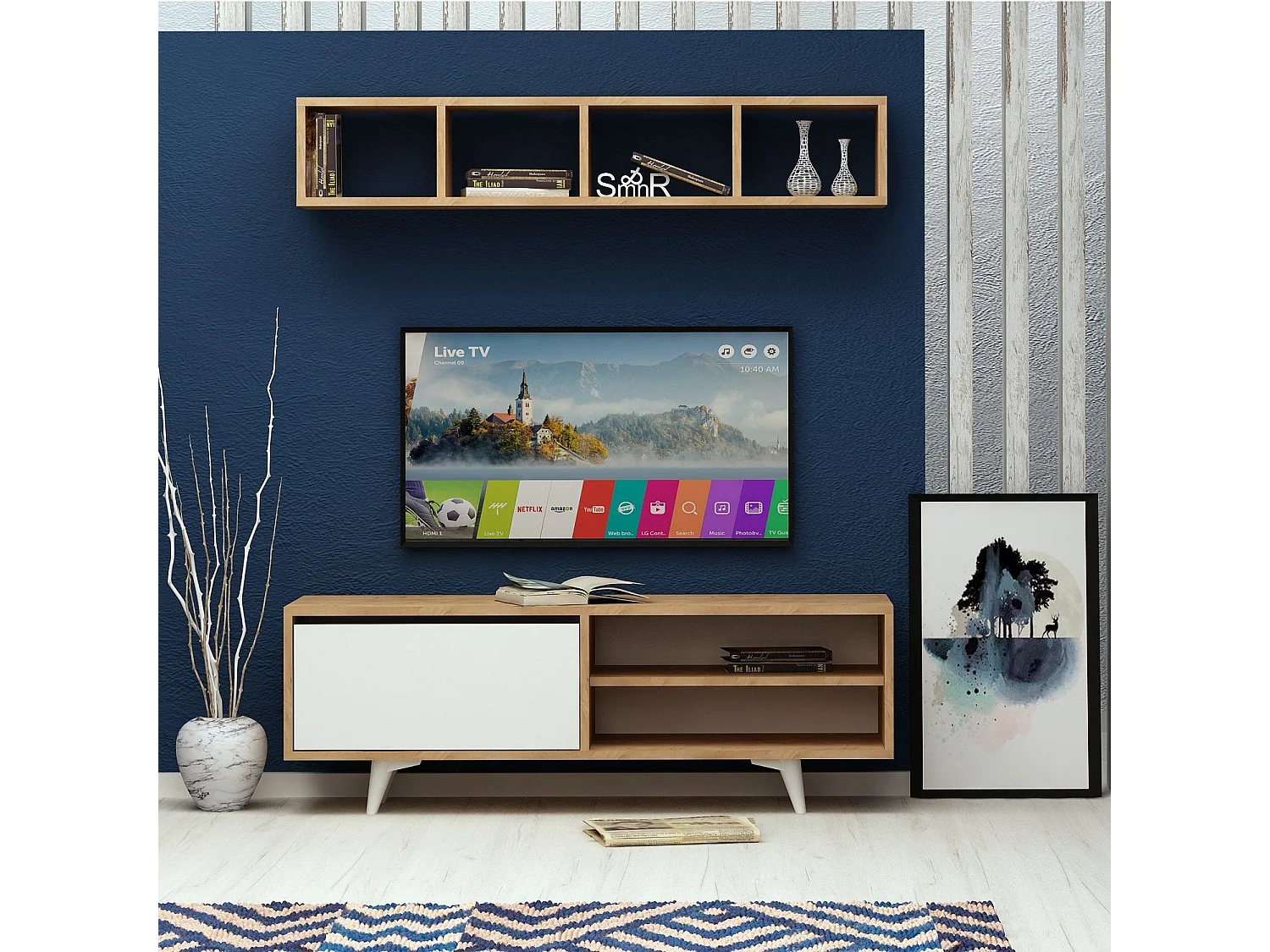 Mueble de TV – 120 cm x 47 cm x 35 cm – Roble y blanco – Tablero de partículas recubierto de melamina