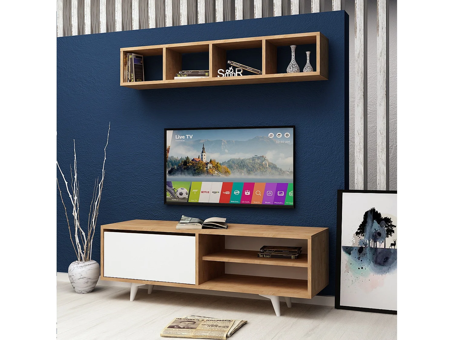 Mueble de TV – 120 cm x 47 cm x 35 cm – Roble y blanco – Tablero de partículas recubierto de melamina