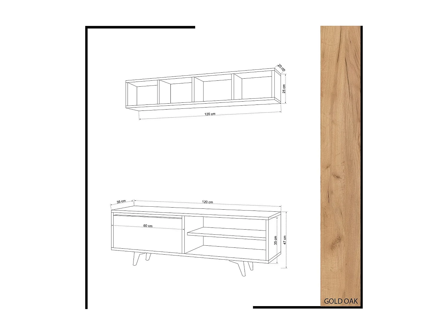 Mueble de TV – 120 cm x 47 cm x 35 cm – Roble y blanco – Tablero de partículas recubierto de melamina