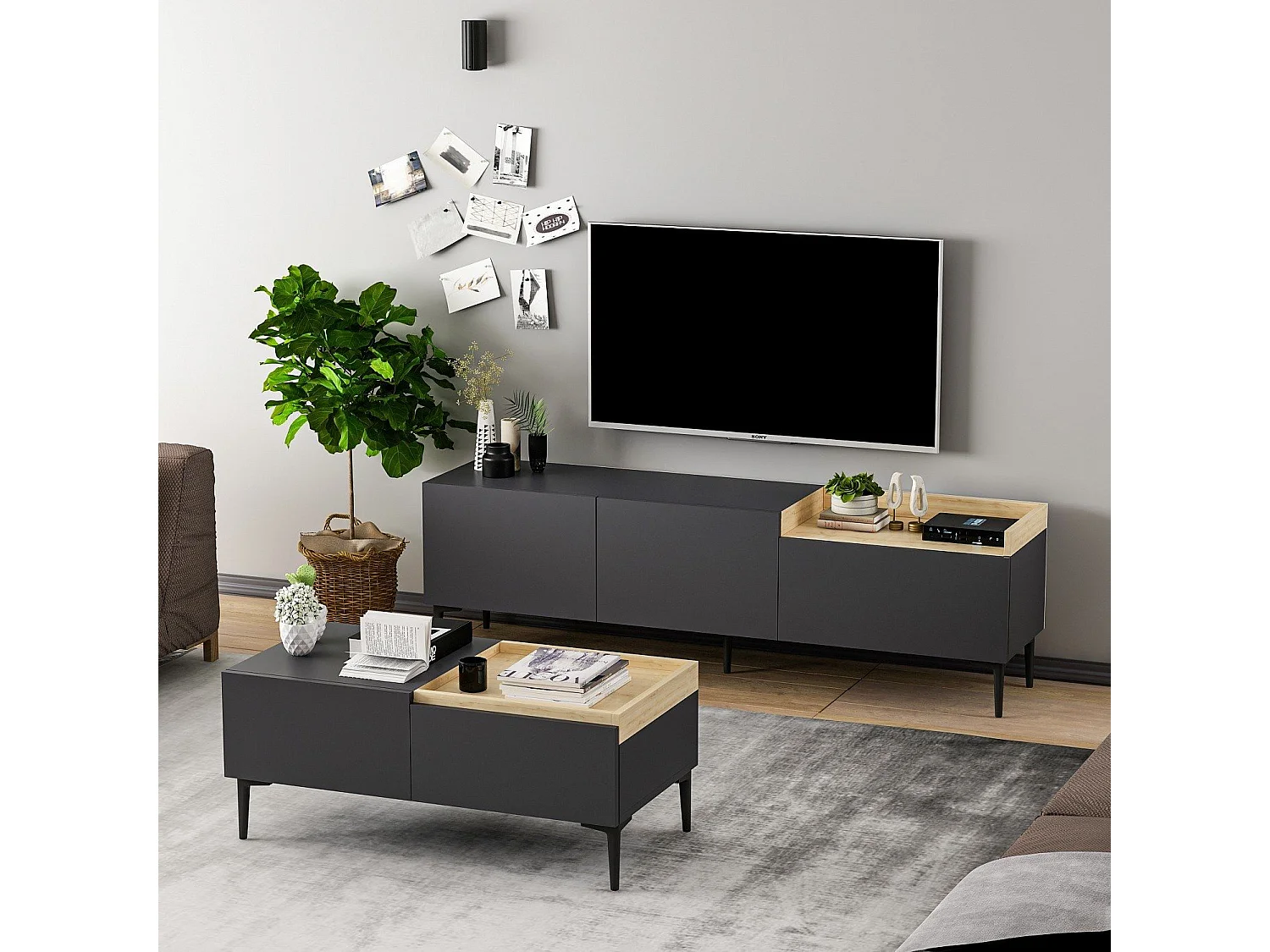 Ensemble meuble TV et table basse Sioux Bois clair et Anthracite