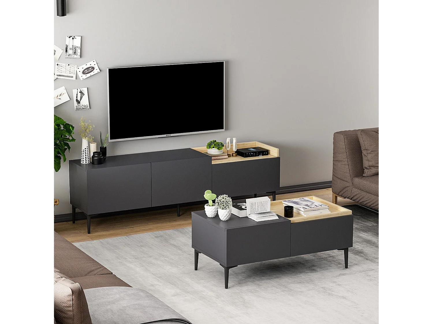 Ensemble meuble TV et table basse Sioux Bois clair et Anthracite