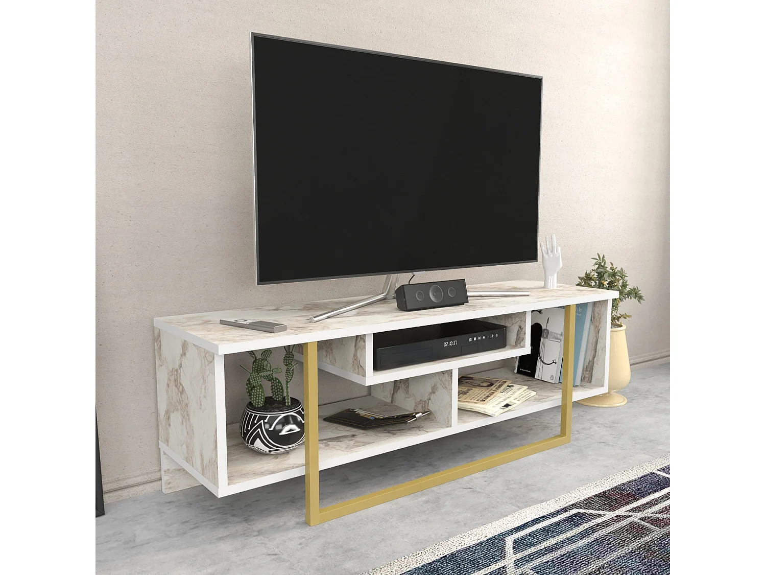 Mesa de tv Kailua 246, Mármol blanco|Dorado, 120x40x35cm