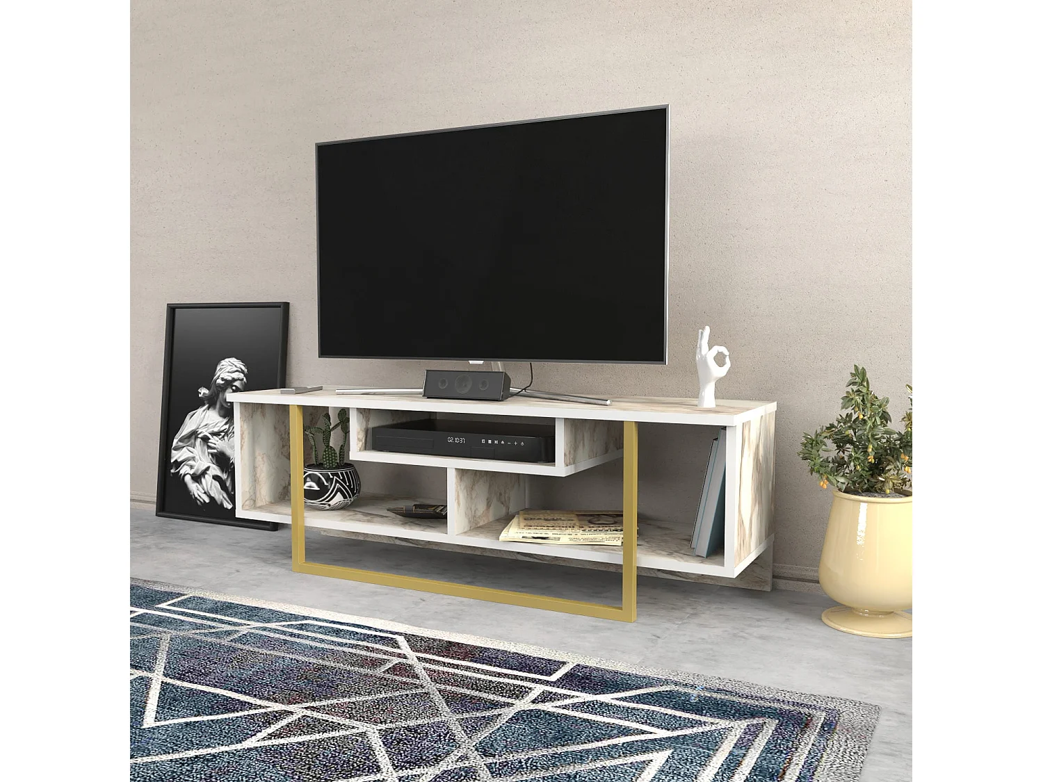 Mesa de tv Kailua 246, Mármol blanco|Dorado, 120x40x35cm