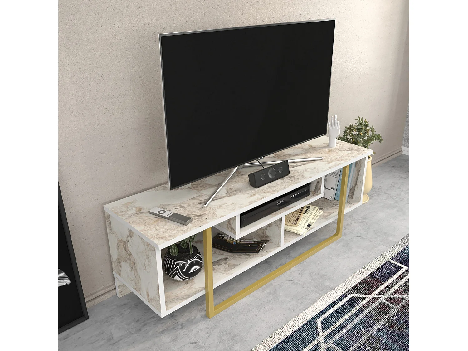 Mesa de tv Kailua 246, Mármol blanco|Dorado, 120x40x35cm