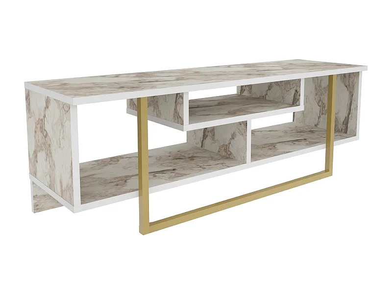 Meuble TV Nikolai 120cm Or et Blanc Effet marbre