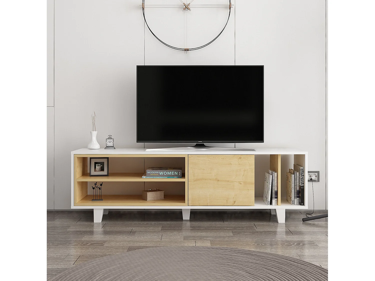 Meuble TV Prifma Bois intérieur Chêne et Blanc