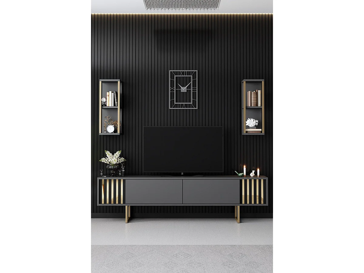 Conjunto de salón Kailua Z105, Dorado|Antracita, Partes separadas|Con mesa de TV, 180cm