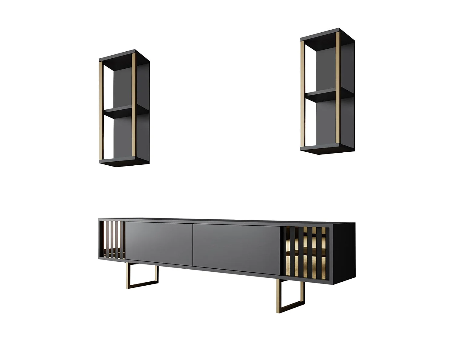 Ensemble meuble TV avec 2 étagères Manaslu Métal Or et Bois Anthracite