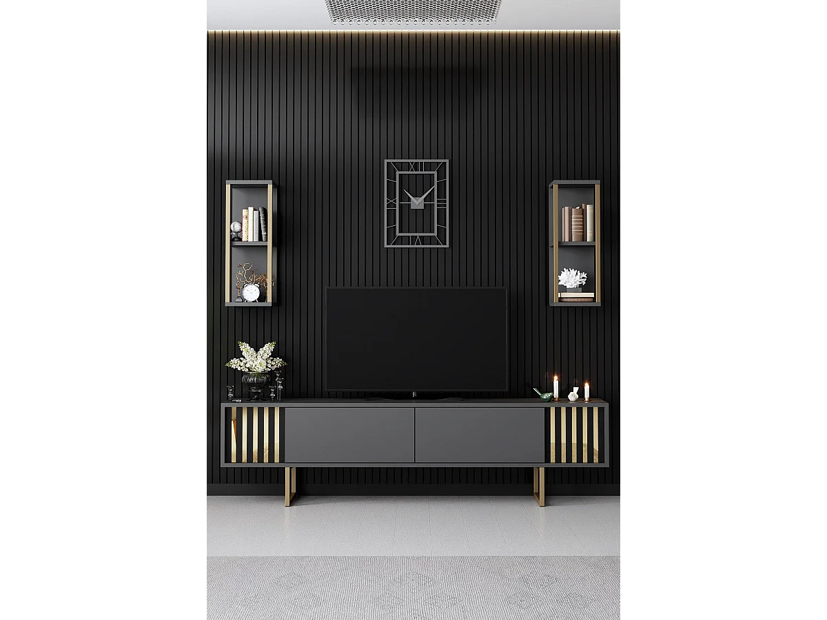 Ensemble meuble TV avec 2 étagères Manaslu Métal Or et Bois Anthracite