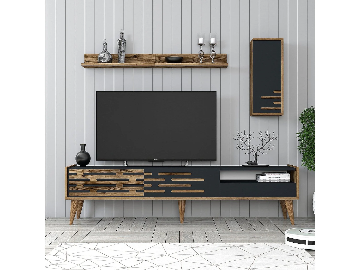 Mueble TV – 180 cm – Nogal y Antracita – MDF recubierto de melamina