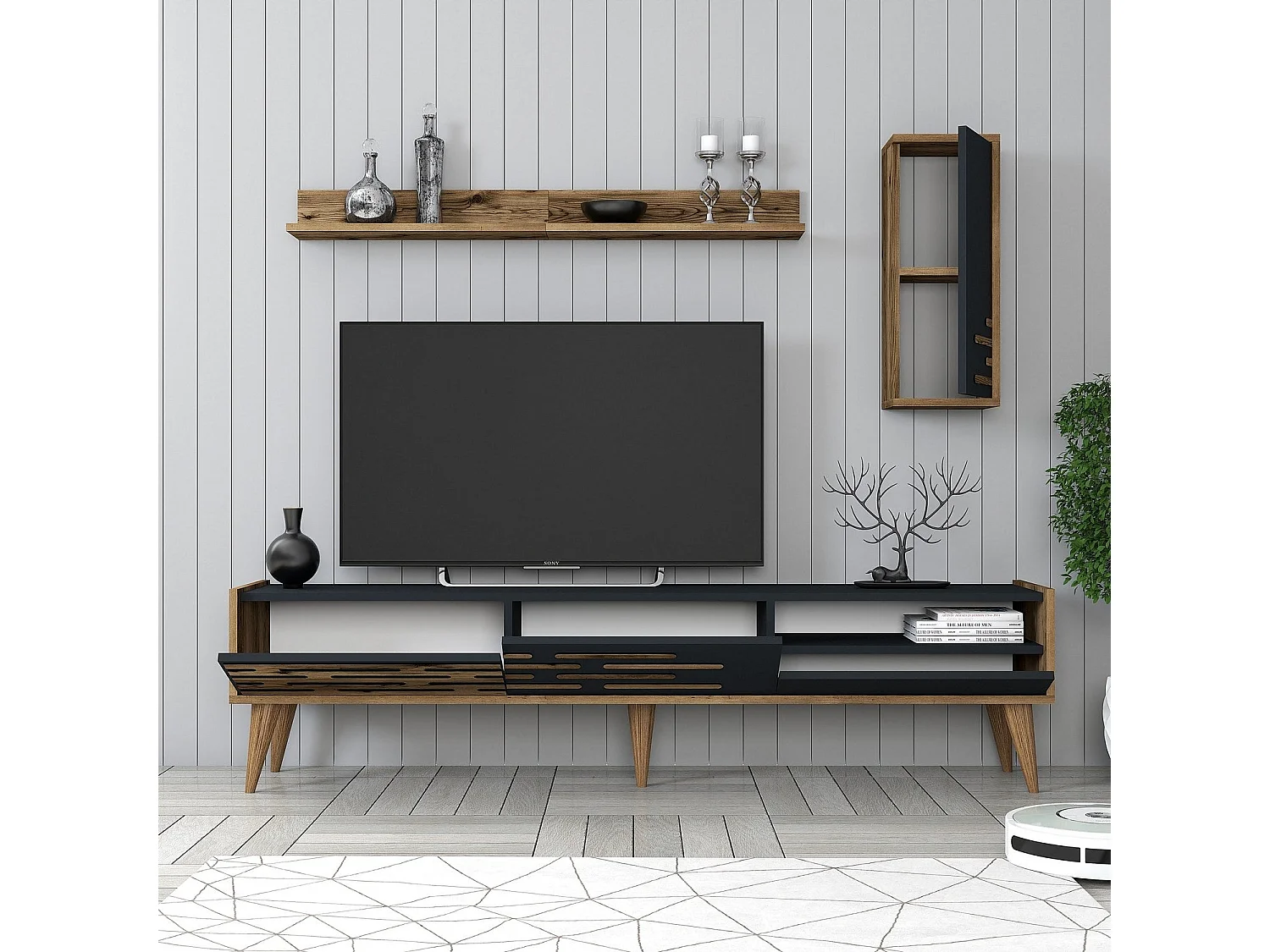 Mueble TV – 180 cm – Nogal y Antracita – MDF recubierto de melamina