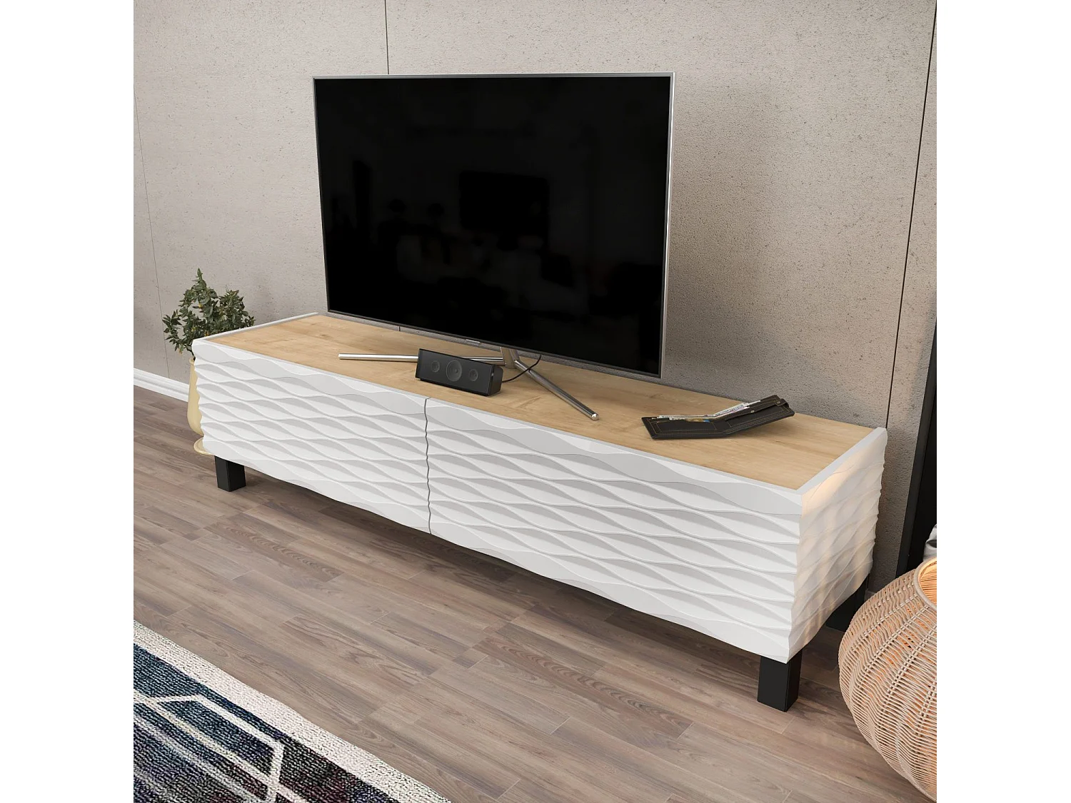 Traditioneller TV-Ständer, Saphir und Weiß, 149,2 x 35 x 38 cm | 100 % melaminbeschichtete Spanplatte, 18 mm dick | Stilvolle Aufbewahrungslösung für das Wohnzimmer