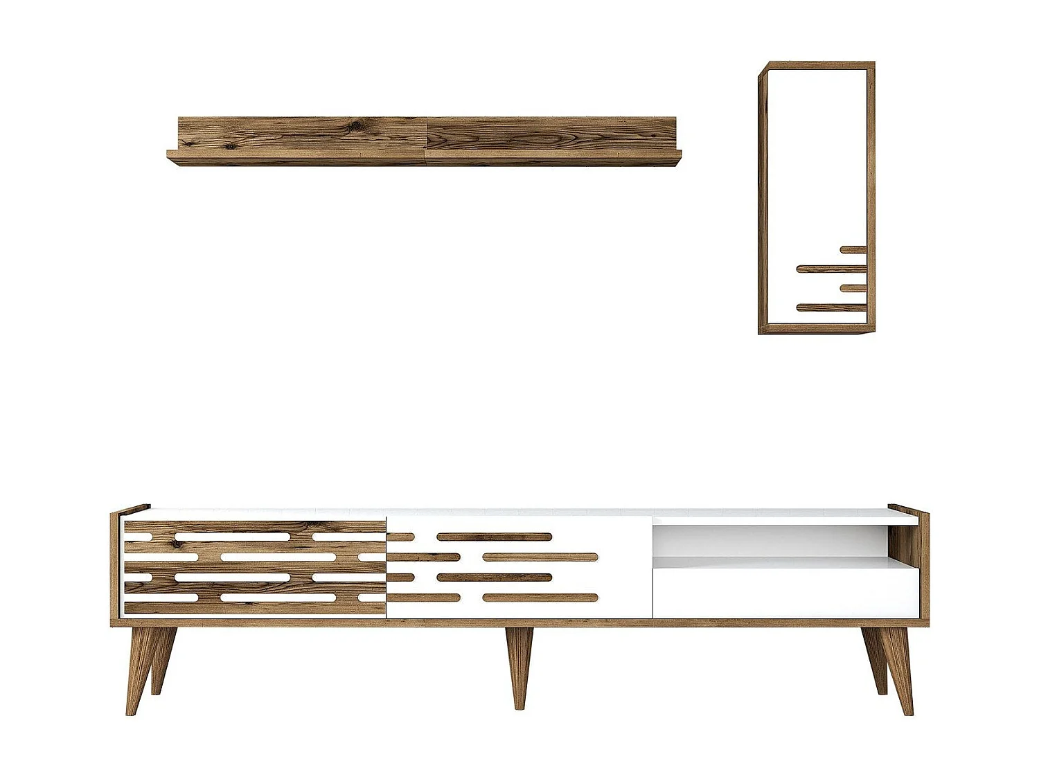 Móvel de TV elegante com prateleira de parede e armário – 180 cm – Nogueira e Branco – Melamina