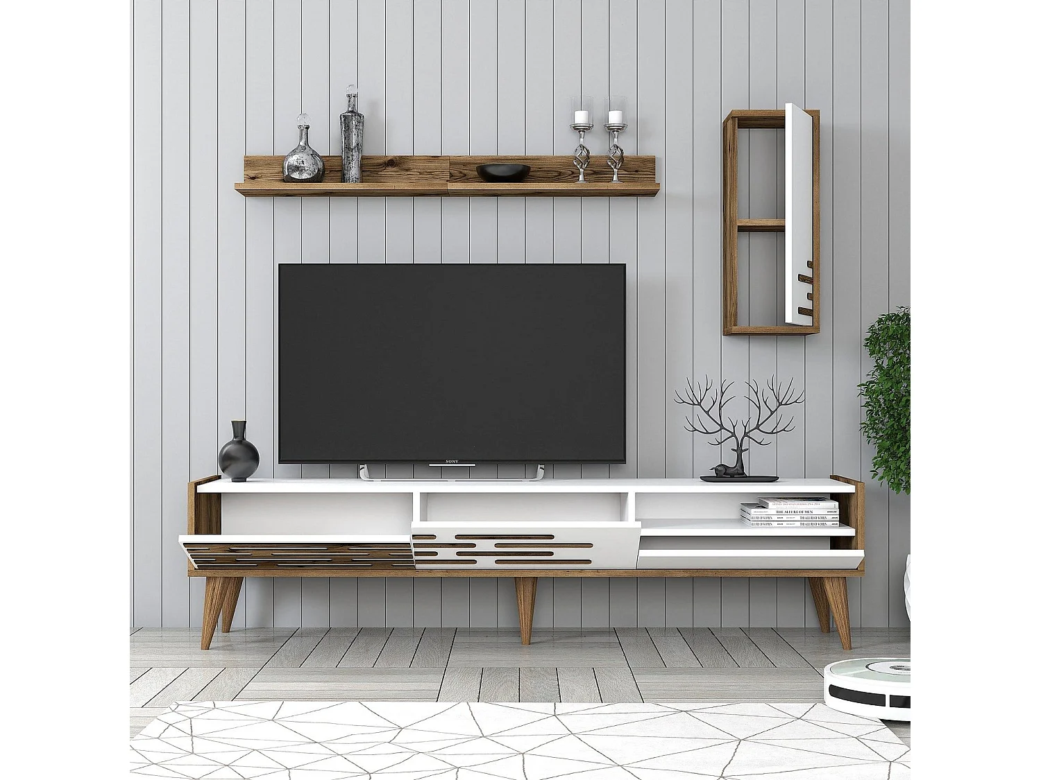 Móvel de TV elegante com prateleira de parede e armário – 180 cm – Nogueira e Branco – Melamina