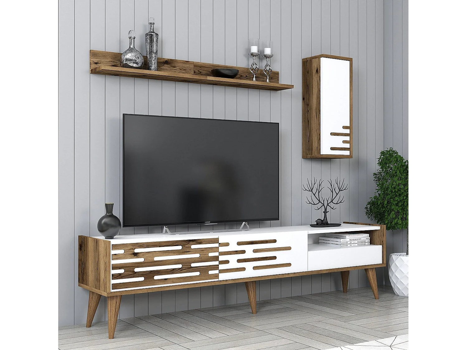 Móvel de TV elegante com prateleira de parede e armário – 180 cm – Nogueira e Branco – Melamina