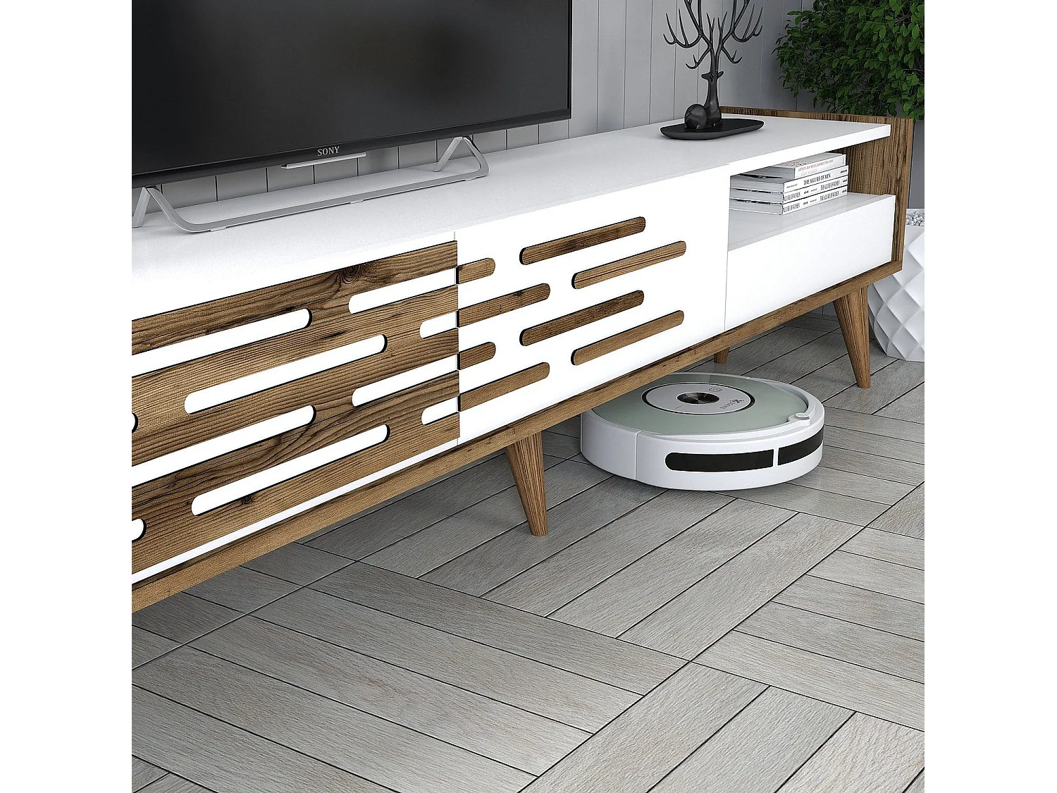 Móvel de TV elegante com prateleira de parede e armário – 180 cm – Nogueira e Branco – Melamina