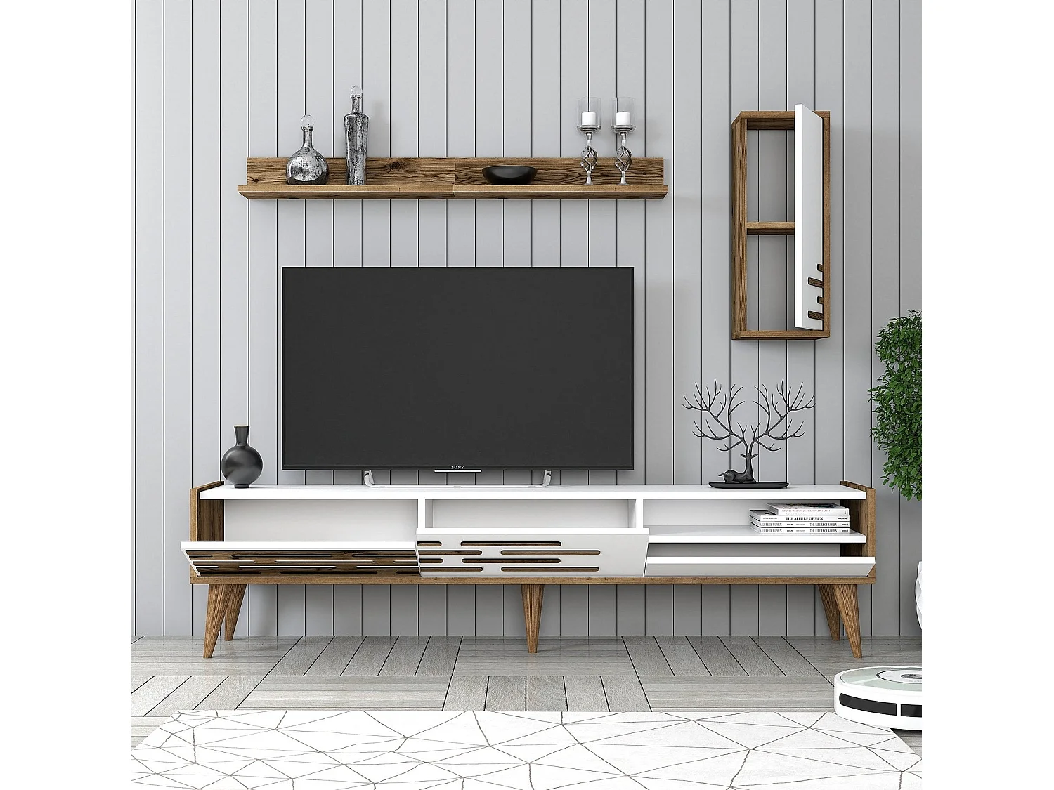 Móvel de TV elegante com prateleira de parede e armário – 180 cm – Nogueira e Branco – Melamina