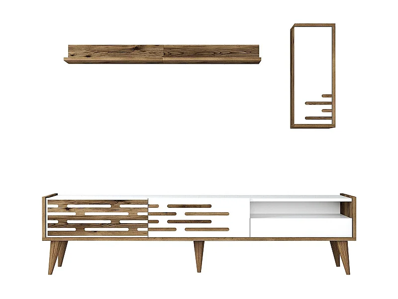 Móvel de TV elegante com prateleira de parede e armário – 180 cm – Nogueira e Branco – Melamina