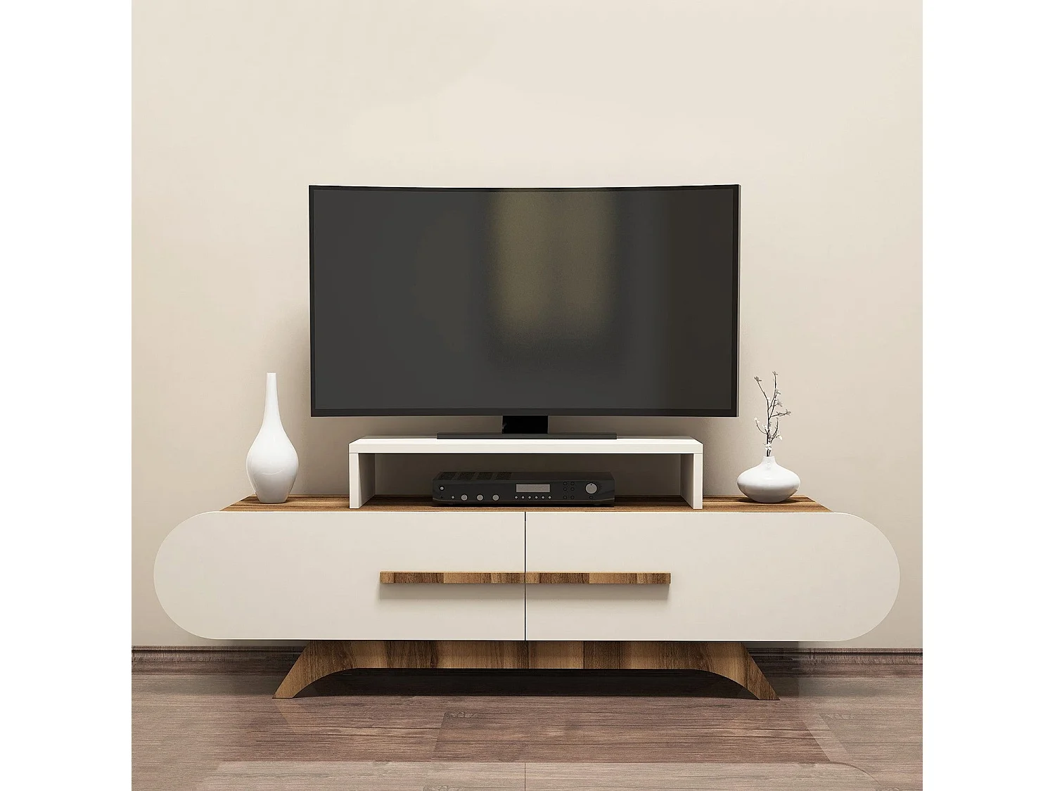 Moderne tv-standaard – 145 cm – Notenhout en crème – Melamine gecoate spaanplaat