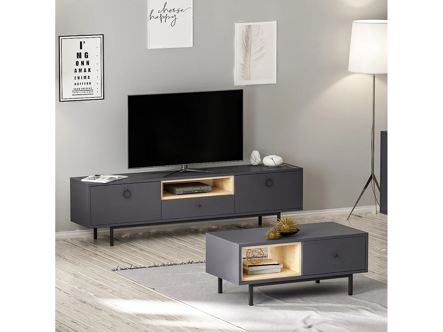Ensemble meuble TV et table basse Naos Bois clair et Anthracite