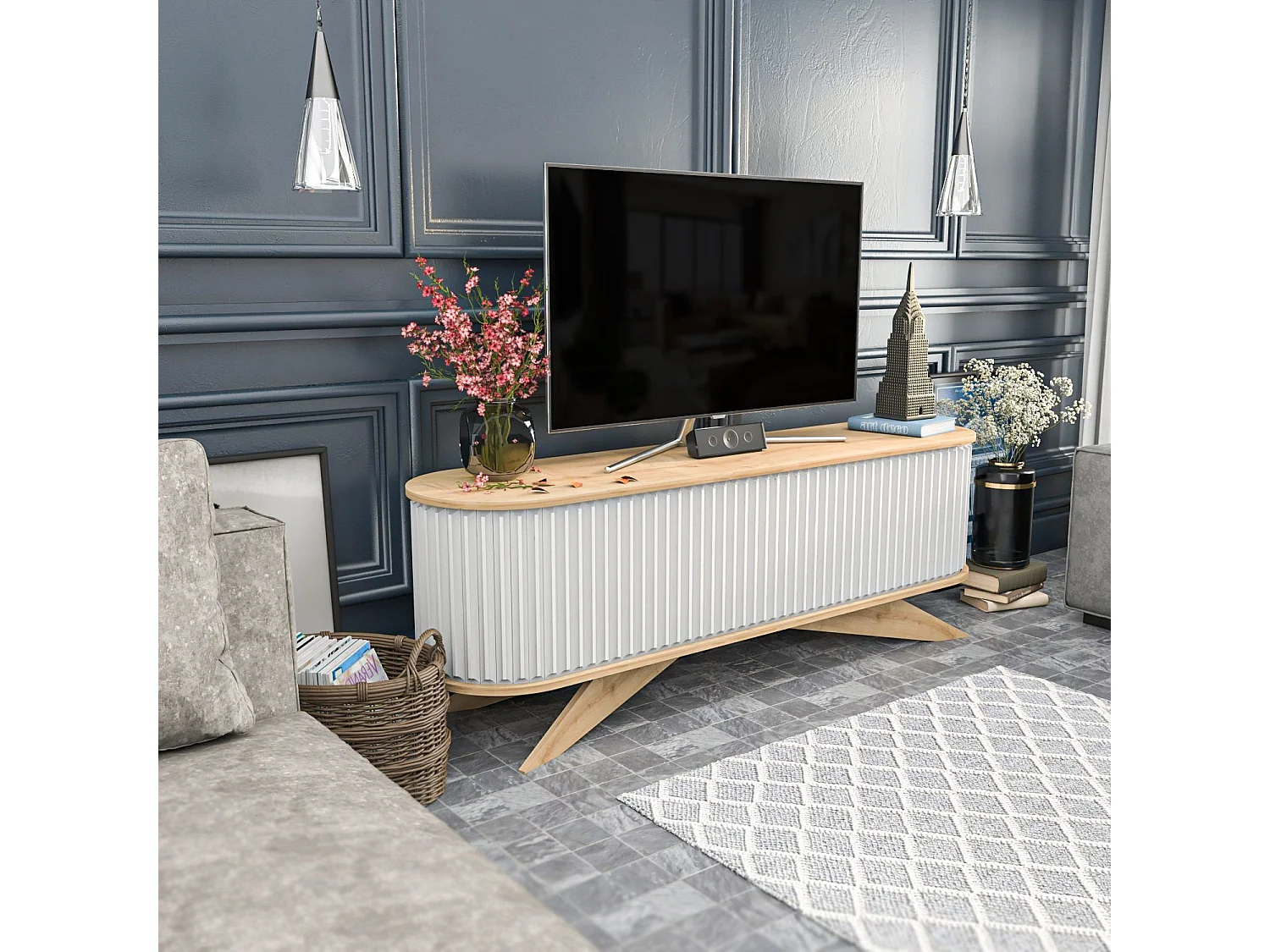 Meuble TV portes coulissantes Natera 180cm Chêne clair et Blanc