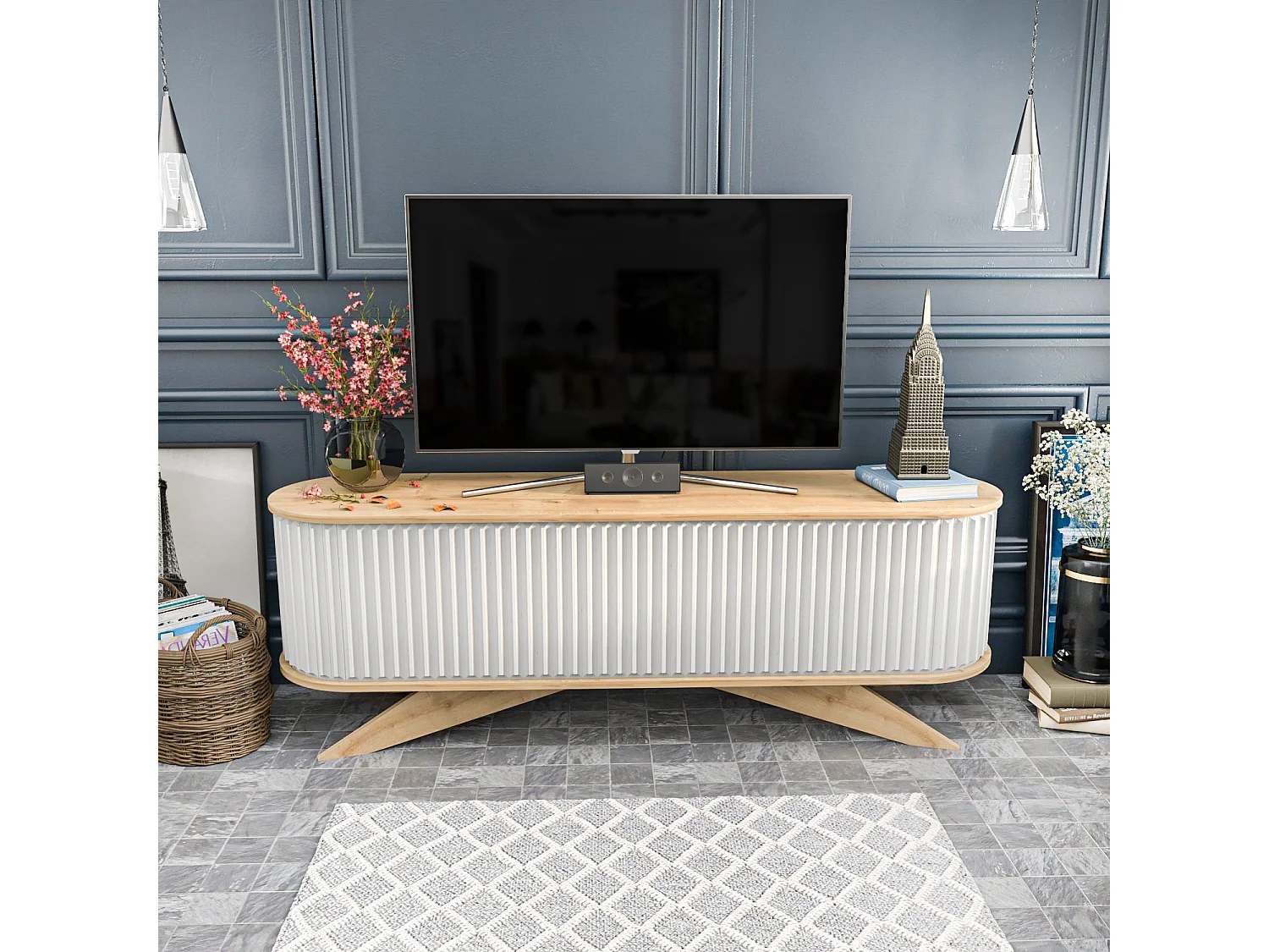 Meuble TV portes coulissantes Natera 180cm Chêne clair et Blanc