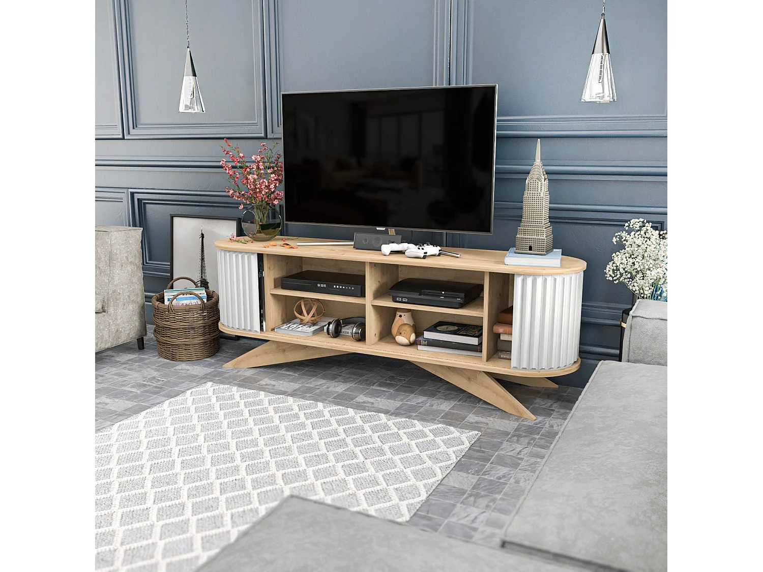 Meuble TV portes coulissantes Natera 180cm Chêne clair et Blanc