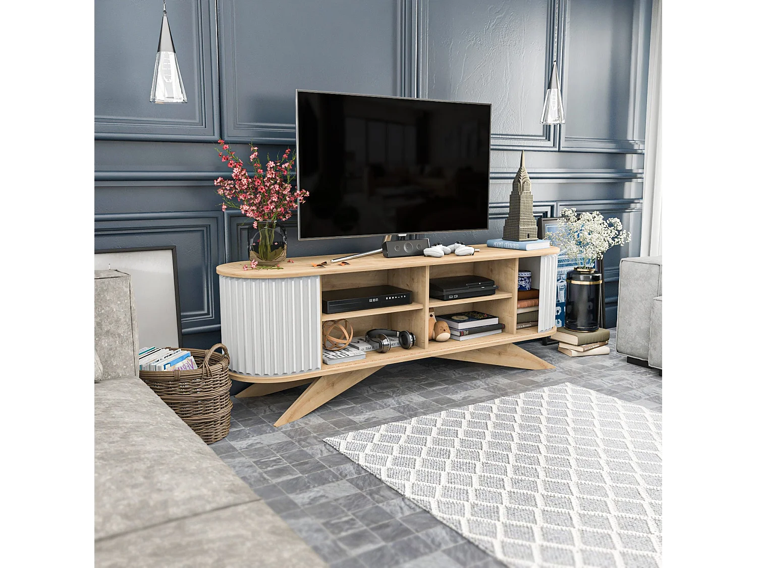 Meuble TV portes coulissantes Natera 180cm Chêne clair et Blanc