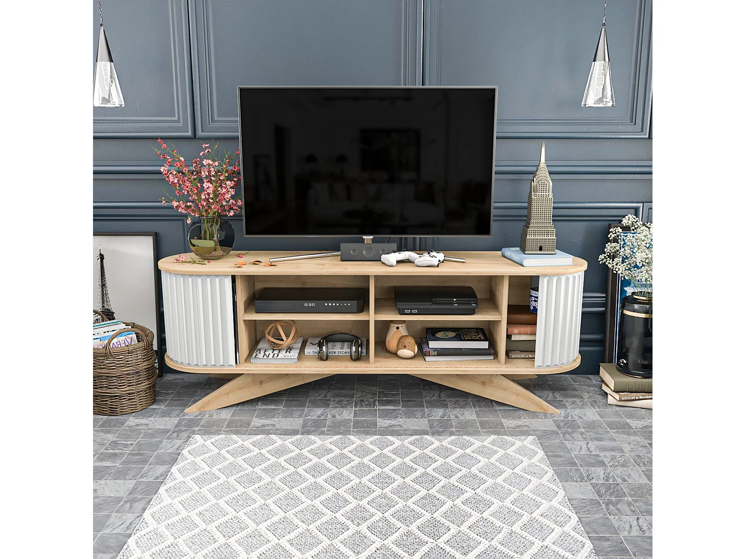 Meuble TV portes coulissantes Natera 180cm Chêne clair et Blanc