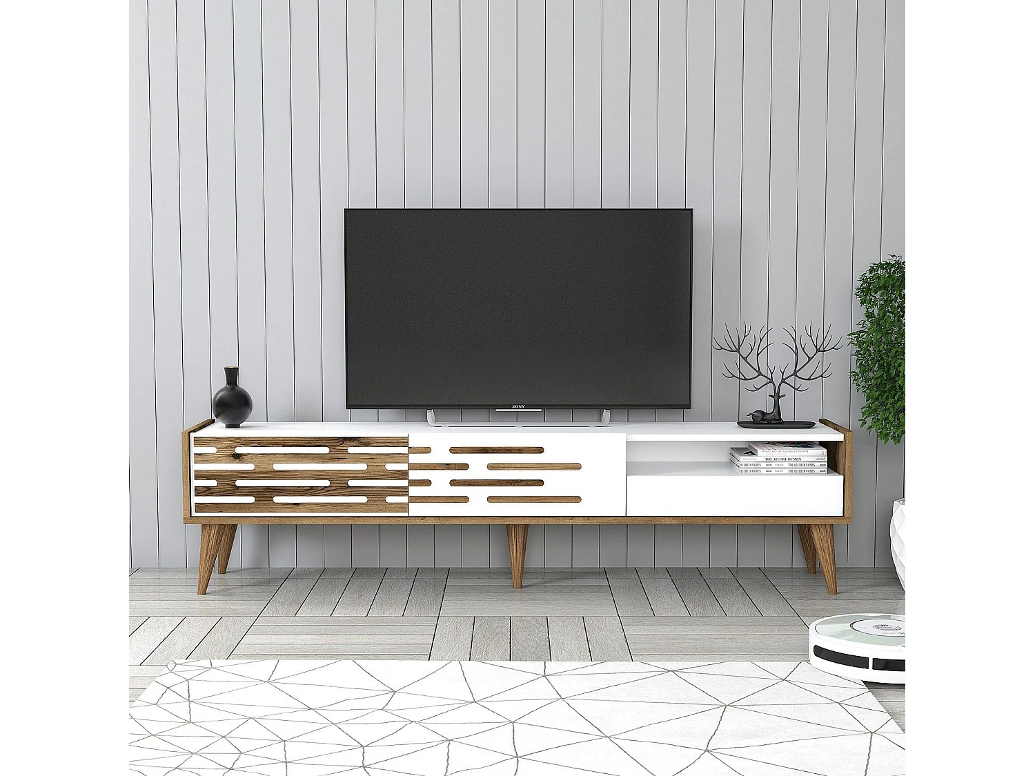 Elegante mobile porta TV – 180 x 35 x 45 cm – noce e bianco – pannello truciolare rivestito in melaminico