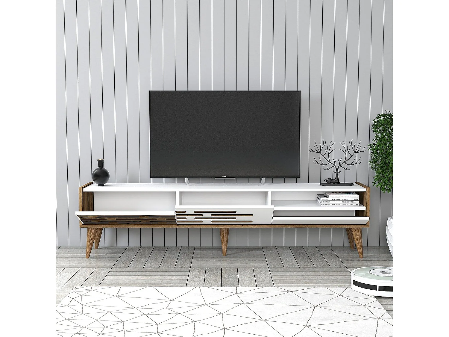 Elegante mobile porta TV – 180 x 35 x 45 cm – noce e bianco – pannello truciolare rivestito in melaminico